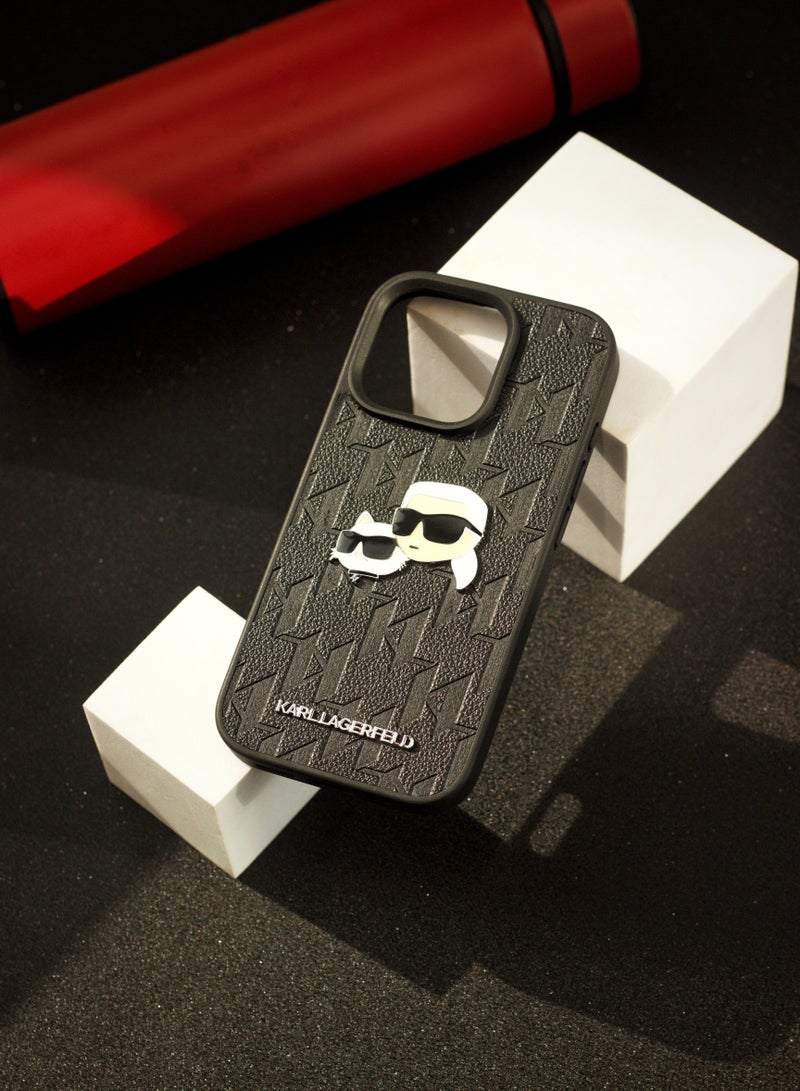 سي جي موبايل كفر حماية خلفية ايفون 16 بروماكس، بشعار اصلي وتصميم من الجلد، معتمد من البراند العالمي كارل لاغرفيلد (KARL LAGERFELD). من سي جي موبايل. أسود - Image 2
