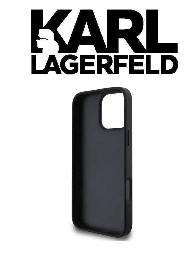 سي جي موبايل كفر حماية خلفية ايفون 16 بروماكس، بشعار اصلي وتصميم من الجلد، معتمد من البراند العالمي كارل لاغرفيلد (KARL LAGERFELD). من سي جي موبايل. أسود - Image 4