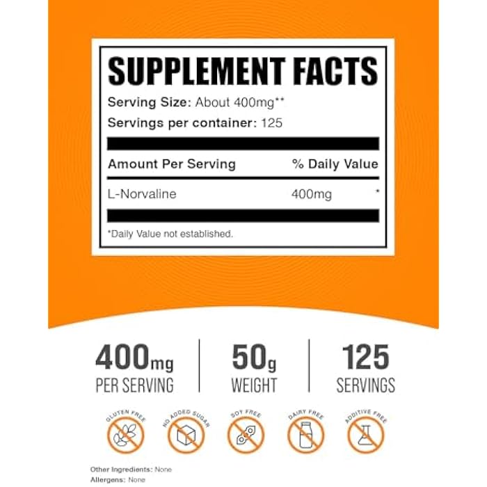 BulkSupplements.com L-Norvaline Powder - L-Norvaline Supplement, Nitric Oxide Supplement - Amino Acid Supplement, Gluten Free, 400mg per Serving, 50g (1.8 oz) (Pack of 1) - Image 2
