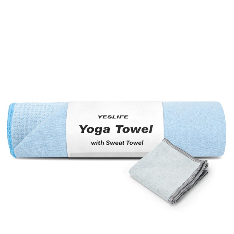 YESLIFE Non-Slip Extra Thick Hot Yoga Towel with One Sweat Towel, Microfiber Sweat Absorbent Yoga Mat Towel with Grip Dot, Pilates Mat, 72" x 24", Light Blue - Image 1