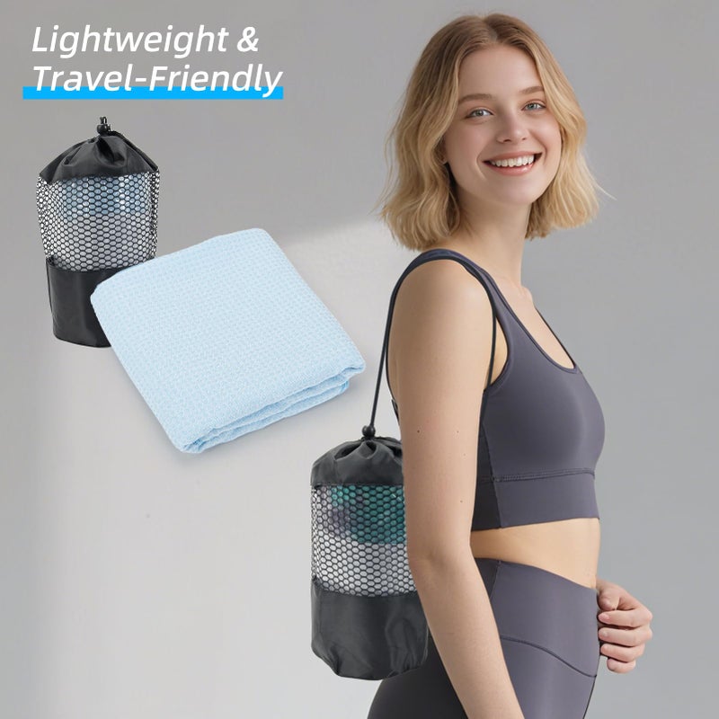 YESLIFE Non-Slip Extra Thick Hot Yoga Towel with One Sweat Towel, Microfiber Sweat Absorbent Yoga Mat Towel with Grip Dot, Pilates Mat, 72" x 24", Light Blue - Image 5