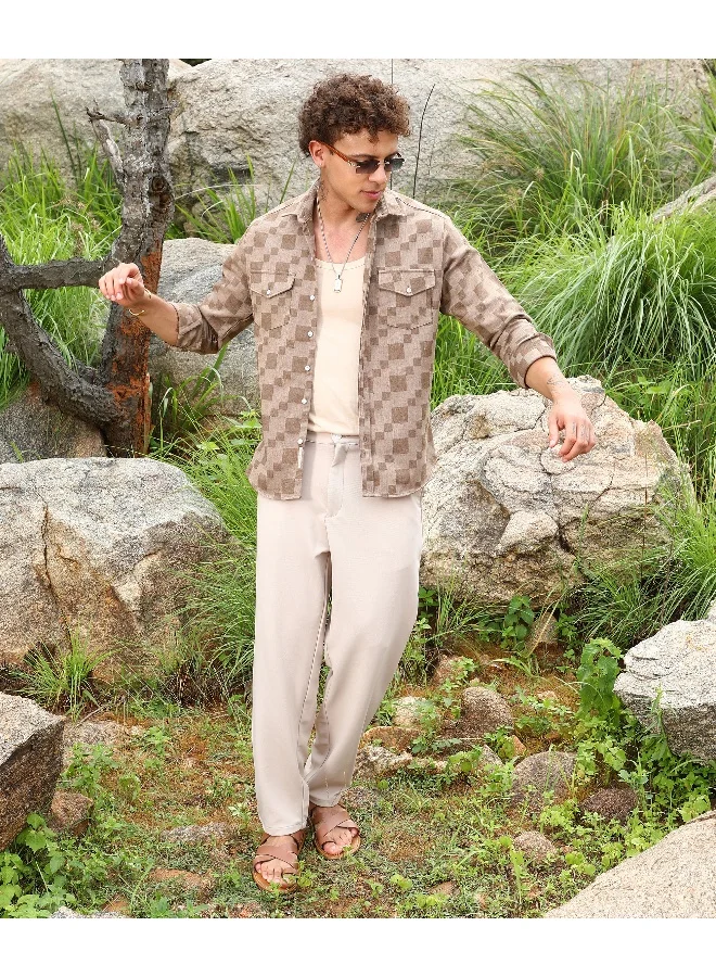 CAHOOT  Men's Chocolate Brown Cubic Utility Shirt For Casual Wear | Spread Collar | Long Sleeve | Button Closure | Shirt Crafted With Comfort Fit For Everyday Wear for Men | Best Price UAE