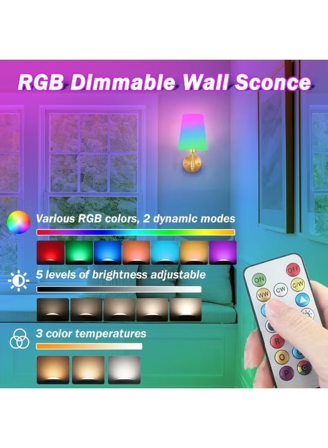 FUOE Battery Operated Wall Sconces Set of 2, Wireless Wall Light with 10000mAh RGB Rechargeable Bulb and Remote, Dimmable &Timed Function, Wall Sconces for Bedroom, Living Room, Hallway - Image 5