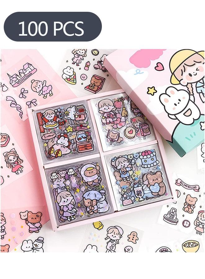 100-Piece Stickers Set, PET Transparent Cartoon Character Animal Flower Decorative Stickers, Lovely Stickers for DIY Arts Crafts Album Planners Calendars and Notebook - Image 1