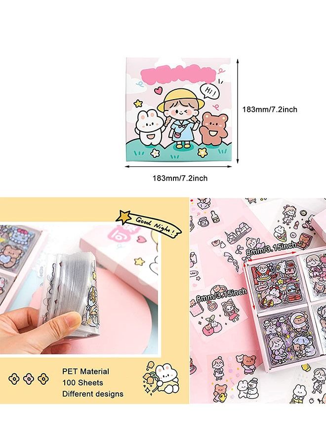 100-Piece Stickers Set, PET Transparent Cartoon Character Animal Flower Decorative Stickers, Lovely Stickers for DIY Arts Crafts Album Planners Calendars and Notebook - Image 2