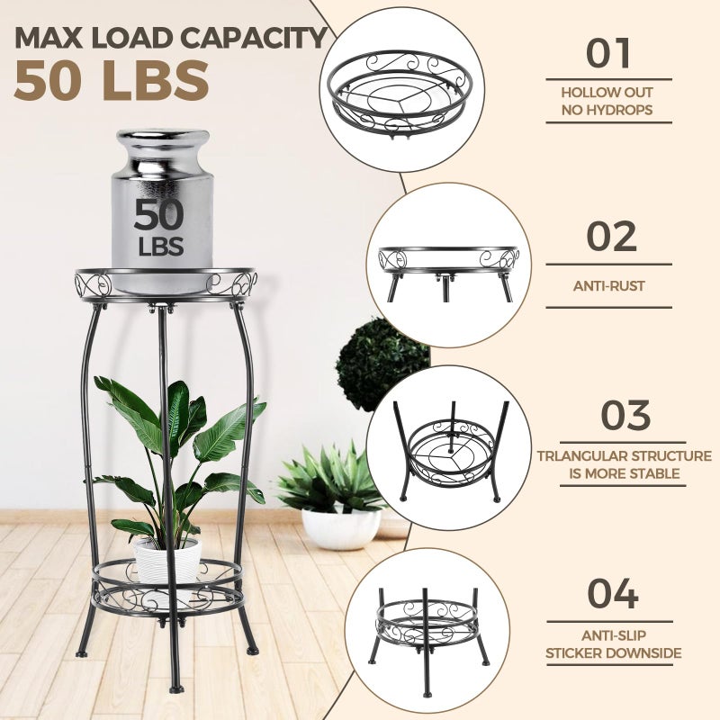 Kavlium Plant Stand Indoor Outdoorï¼ŒTall Black Metal Rustproof Stable Plant Standsï¼Œ2 Tier 27.1 inch Multiple Plant Rack Holder Rack Flower Pot Stand Heavy Duty Plant Shelf - Image 3