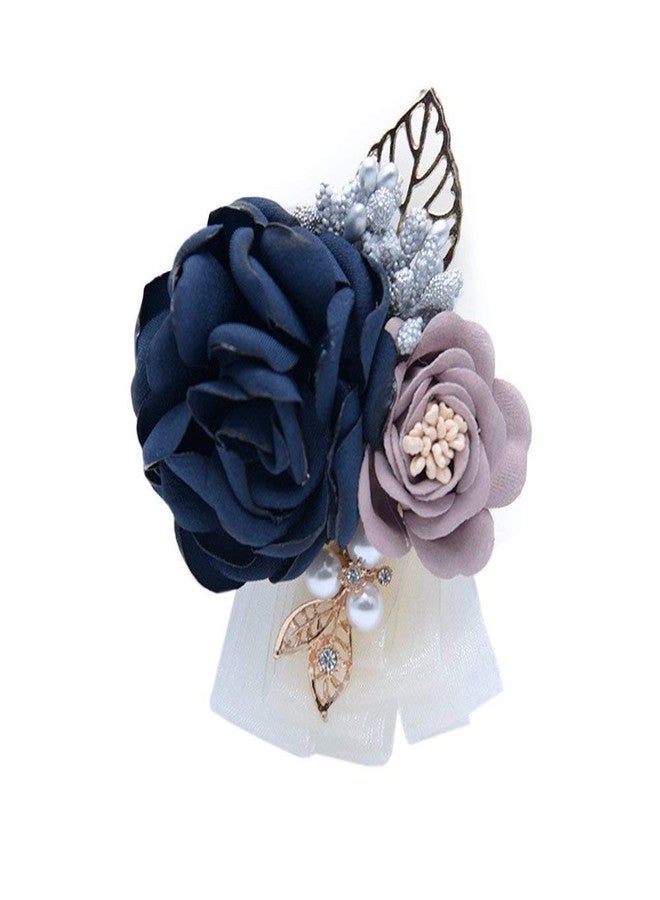 Flonding Rose Wedding Wrist Corsage and Boutonniere Set Party Prom Hand Ribbon Flower Suit Decor (Dark Blue) - Image 2