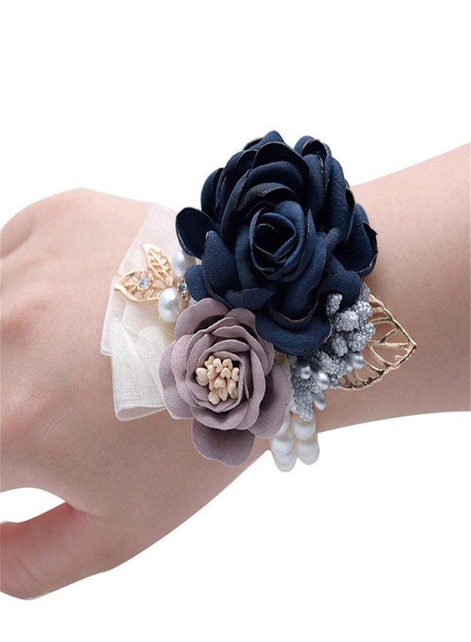 Flonding Rose Wedding Wrist Corsage and Boutonniere Set Party Prom Hand Ribbon Flower Suit Decor (Dark Blue) - Image 3