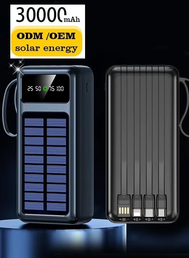 باور بانك شمسي بسعة 30000 مللي أمبير - بطارية خارجية عالية السعة مزودة بمصباح LED، ومنفذي USB، ودعم الشحن السريع، وشاحن محمول للهواتف الذكية والأجهزة اللوحية وأجهزة USB - مثالي للسفر والاستخدام الخارجي وحالات الطوارئ - أسود - Image 3