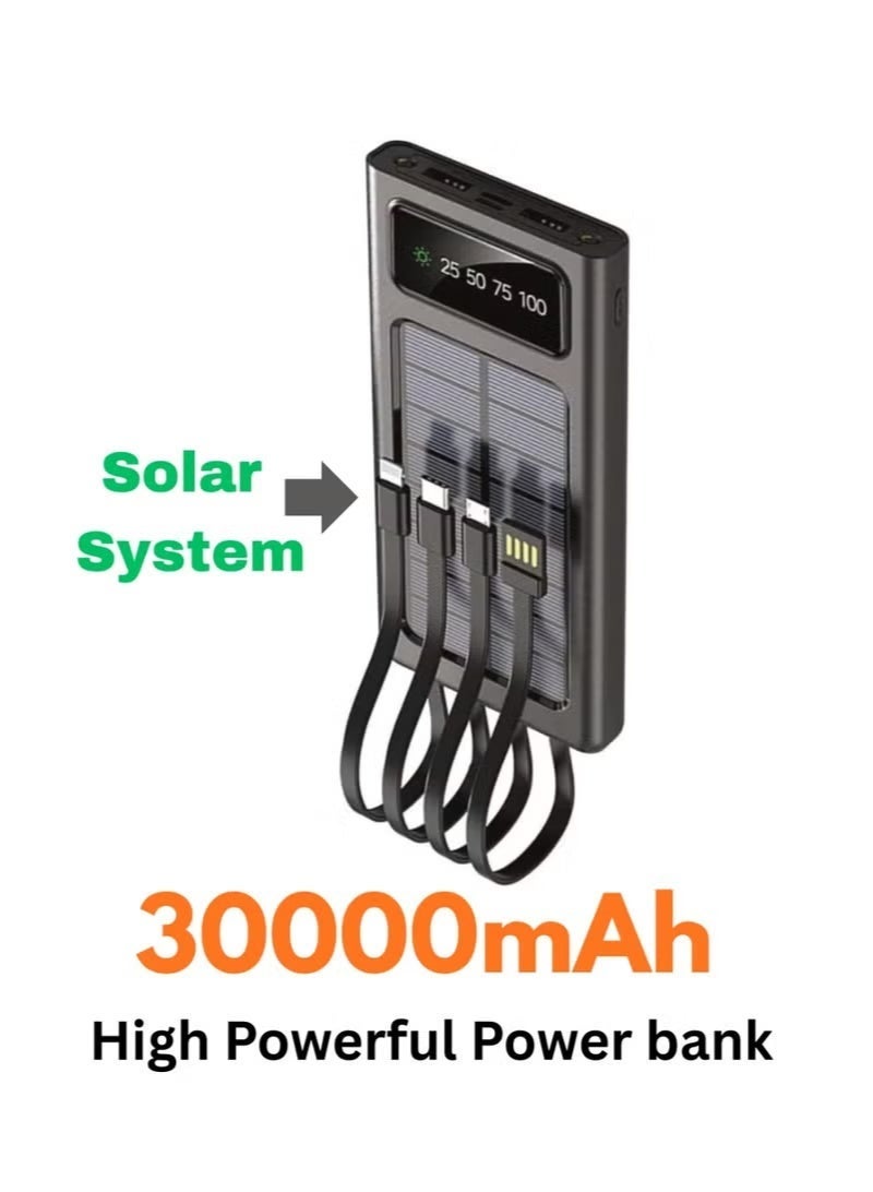 باور بانك شمسي بسعة 30000 مللي أمبير - بطارية خارجية عالية السعة مزودة بمصباح LED، ومنفذي USB، ودعم الشحن السريع، وشاحن محمول للهواتف الذكية والأجهزة اللوحية وأجهزة USB - مثالي للسفر والاستخدام الخارجي وحالات الطوارئ - أسود - Image 1
