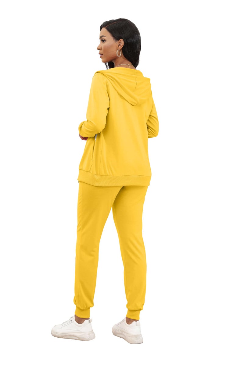 CLOCOR 2 Piece Outfits for Women - Casual 2 Piece Sweatsuit Pocket Tracksuit Long Sleeve with Patchwork Pants Set Yellow L - Image 4