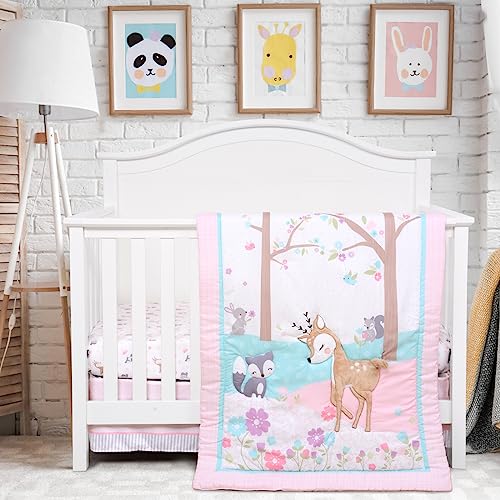 UOMNY Crib Bedding Set for Girls 3 Piece Woodland Baby Girl Crib Bedding Set Include Fitted Crib Sheet Comforter Crib Skirt - Image 1