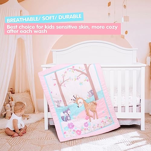 UOMNY Crib Bedding Set for Girls 3 Piece Woodland Baby Girl Crib Bedding Set Include Fitted Crib Sheet Comforter Crib Skirt - Image 2