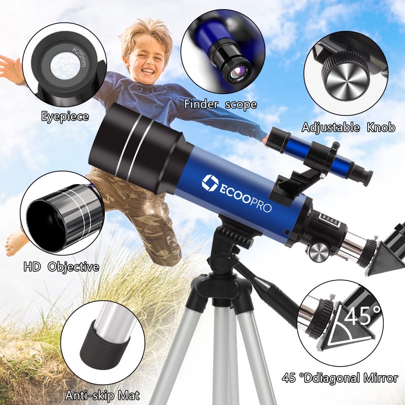 ECOOPRO Telescope for Kids & Adults, 70mm Aperture 360mm Refractor (15X-150X) Telescope for Astronomy Beginners, Portable Travel Telescopes with Phone Adapter & 2 Eyepieces - Image 2