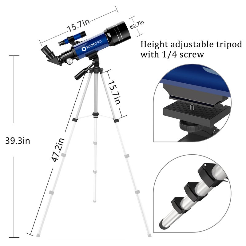 ECOOPRO Telescope for Kids & Adults, 70mm Aperture 360mm Refractor (15X-150X) Telescope for Astronomy Beginners, Portable Travel Telescopes with Phone Adapter & 2 Eyepieces - Image 5