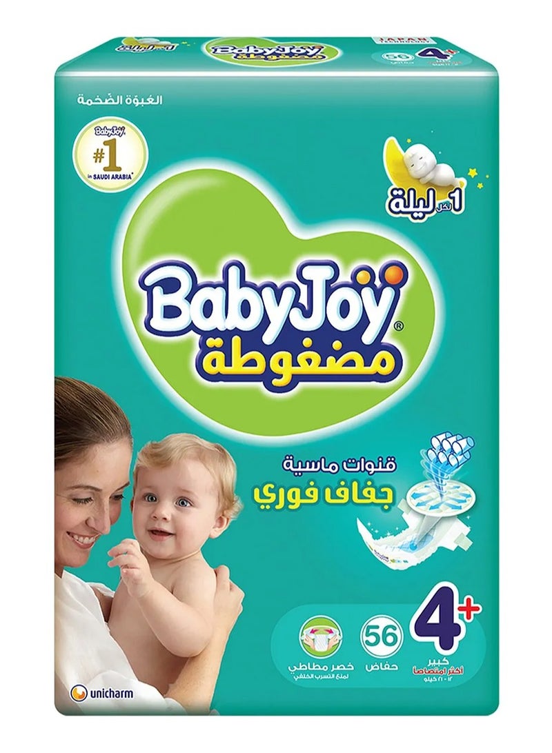 BabyJoy Compressed Diamond Pad Diaper, Size 4+, Large Plus, 12-21 Kg, Mega Pack, 56 Tape Style Diapers