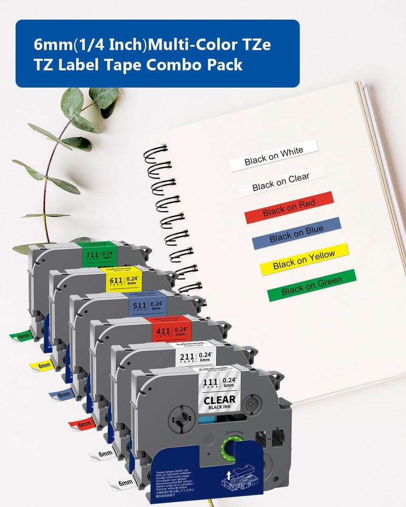Labelwell 6-Pack TZe TZ Tape 6mm 0.23 Inch Laminated Multi Color Compatible for Brother P Touch Label Tape TZe-211 111 411 511 611 for PTouch PT-H110 D210 D220 D400, Clear/White/Red/Blue/Yellow/Green - Image 2