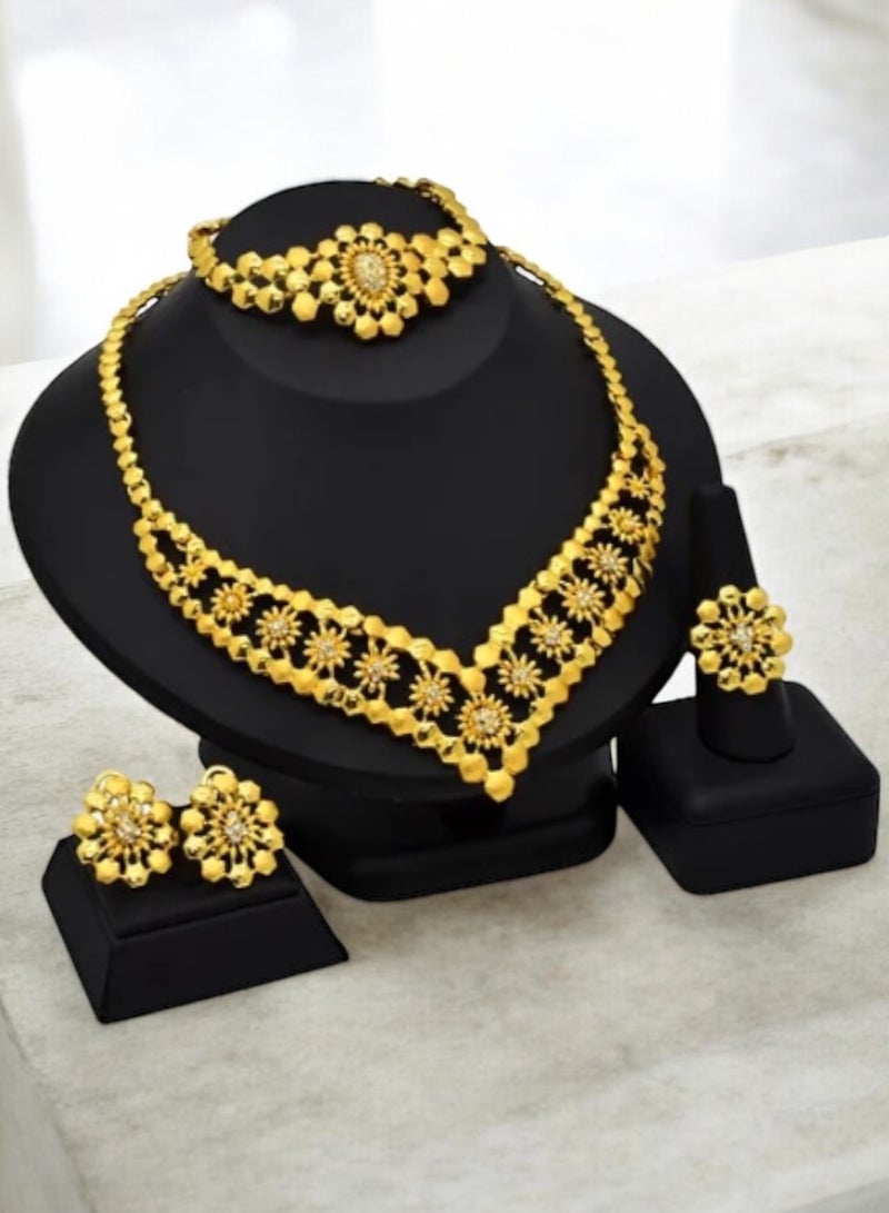 GOLDMAX 21k Gold Plated Necklace & Bracelet & Earrings & One Size Ring Jewelry Set For Women - Image 1