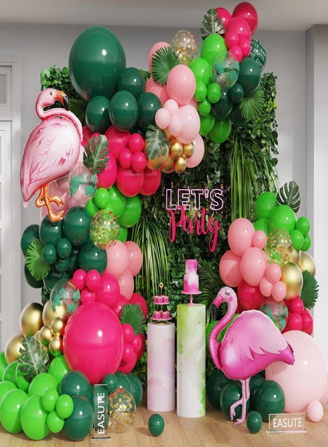 EASUTE Flamingo Tropical Balloon Arch Kit for Luau & Pool Party Decorations - 143pcs Hawaiian Theme Pink Flamingo Balloons Garland Hot Pink Dark Green Aloha Summer Beach Birthday Supplies - Image 1