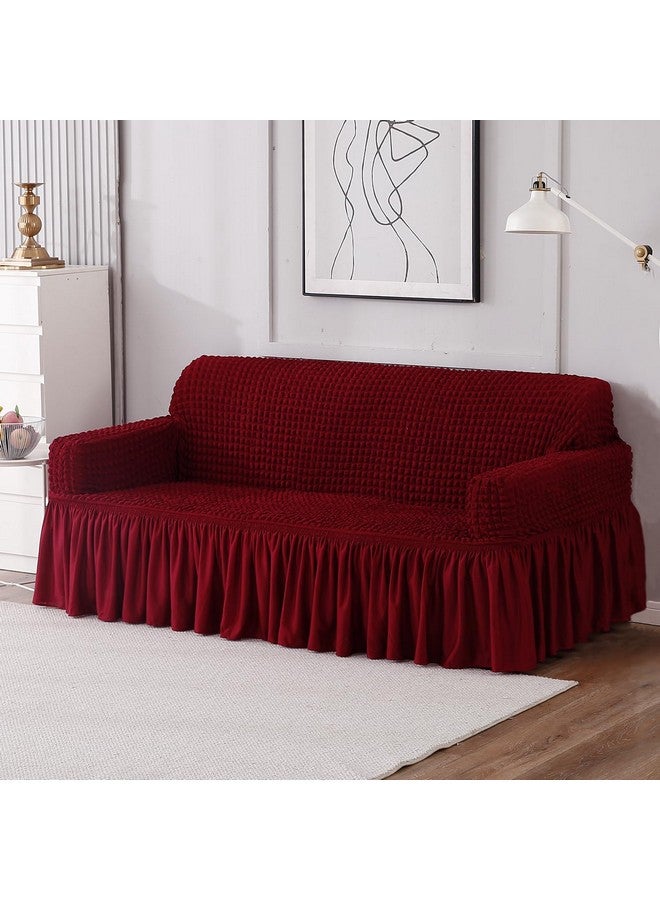 HOKIPO Stretchable Elastic Turkish Bubble Frill Cover for Sofa 3 Seater, 280 GSM, Cherry Red (AR-4604-B5) - Image 1