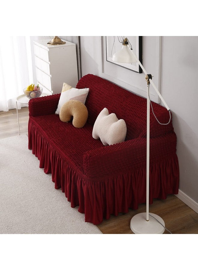 HOKIPO Stretchable Elastic Turkish Bubble Frill Cover for Sofa 3 Seater, 280 GSM, Cherry Red (AR-4604-B5) - Image 3