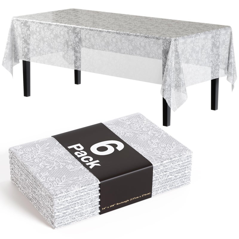 Exquisite Lace Table Cloth Rectangle Table Plastic 6-Pack Lace Tablecloth Rectangular 54" X 108" | Clear & White Floral Tablecloth Disposable | Wild Flower Party Decorations & Party Supplies - Image 1