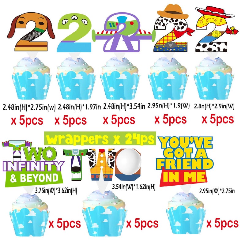BIGKEOKI 2 to infinity and inspired Beyond Birthday Decorations Toy Inspire Game Birthday Cupcake Toppers and Wrappers for 2nd Bday Blue Sky and White Cloud Cow Bday Party Supplies Decor (2nd with wrappers) - Image 2