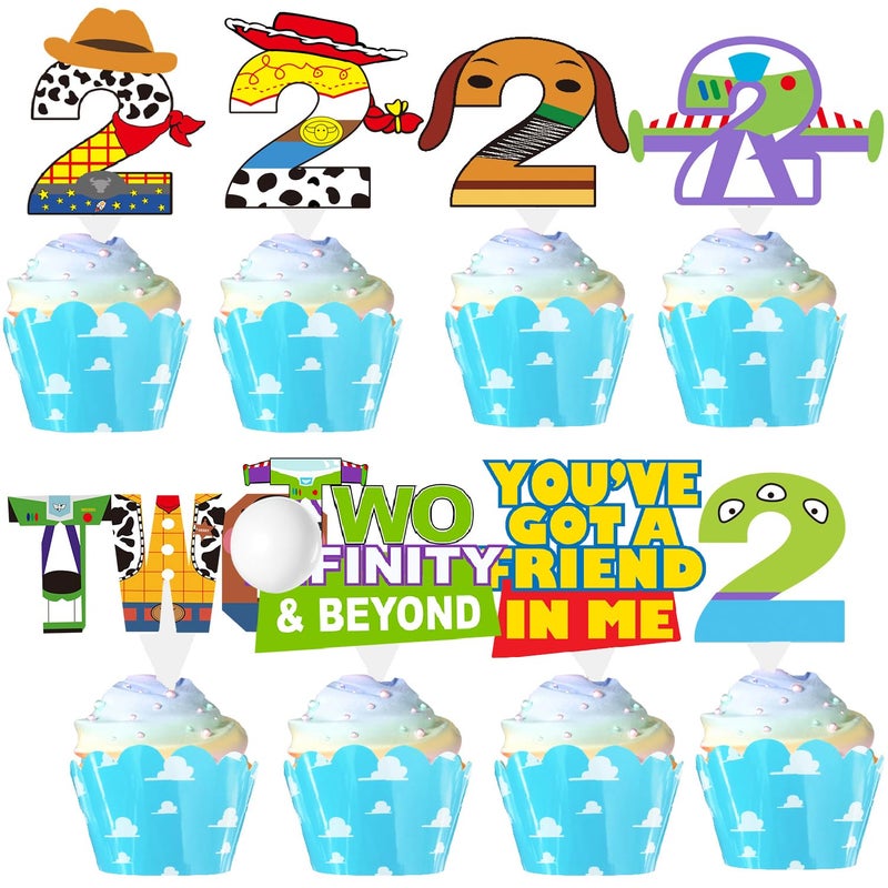 BIGKEOKI 2 to infinity and inspired Beyond Birthday Decorations Toy Inspire Game Birthday Cupcake Toppers and Wrappers for 2nd Bday Blue Sky and White Cloud Cow Bday Party Supplies Decor (2nd with wrappers) - Image 1