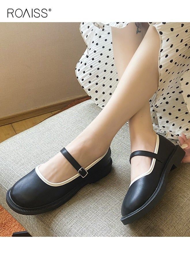 roaiss Retro Mary Jane Flats for Women Low Heel Two Tone Accents Shoes Ladies Slip Resistant Sole Chic Versatile Small Leather Shoes Black - Image 4