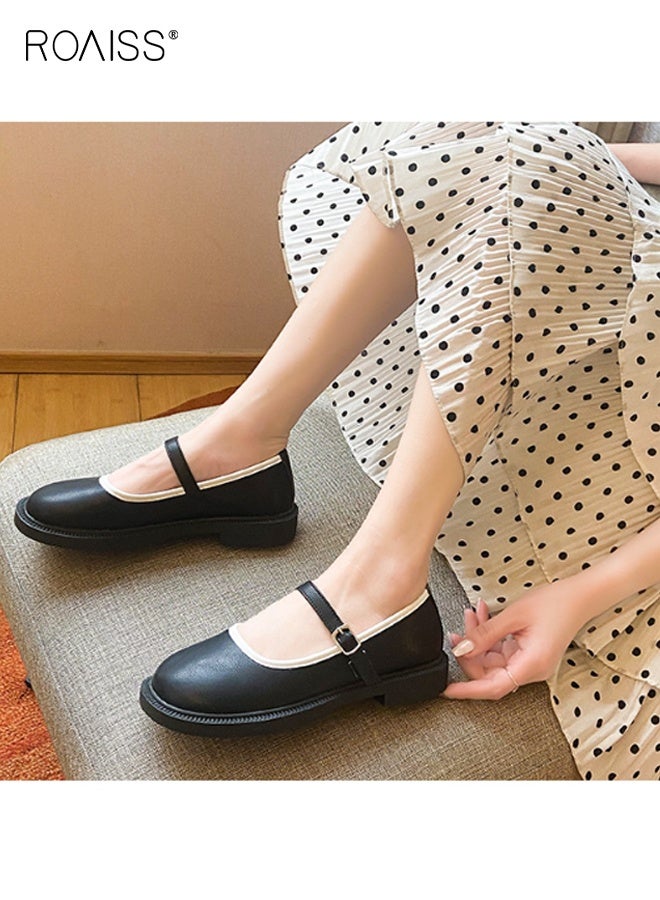 roaiss Retro Mary Jane Flats for Women Low Heel Two Tone Accents Shoes Ladies Slip Resistant Sole Chic Versatile Small Leather Shoes Black - Image 3