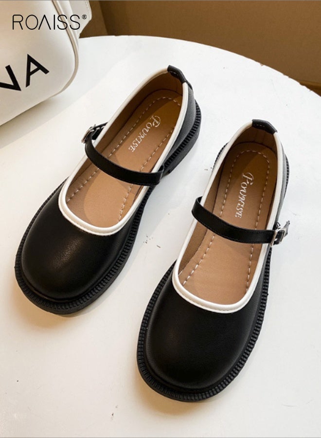 roaiss Retro Mary Jane Flats for Women Low Heel Two Tone Accents Shoes Ladies Slip Resistant Sole Chic Versatile Small Leather Shoes Black - Image 1