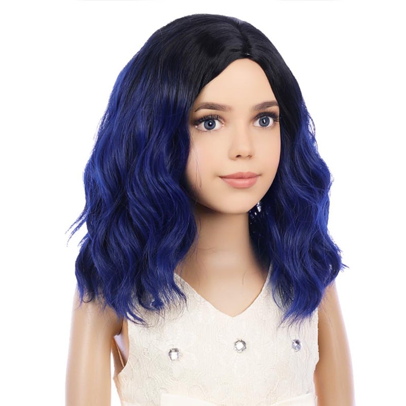 PATTNIUM Kids Child Wig Black Blue Wig Short Wavy Wig Dark Blue Wig for Kids Cosplay Costume Synthetic Hair Blue Wig (Black Ombre Blue) - Image 1