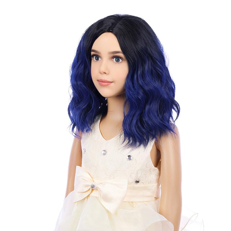 PATTNIUM Kids Child Wig Black Blue Wig Short Wavy Wig Dark Blue Wig for Kids Cosplay Costume Synthetic Hair Blue Wig (Black Ombre Blue) - Image 3