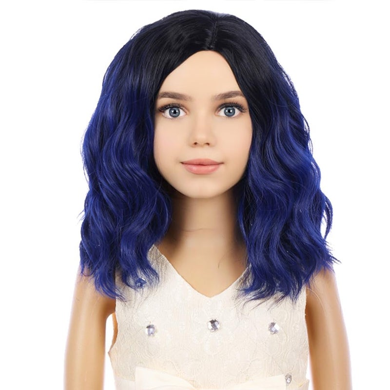 PATTNIUM Kids Child Wig Black Blue Wig Short Wavy Wig Dark Blue Wig for Kids Cosplay Costume Synthetic Hair Blue Wig (Black Ombre Blue) - Image 2