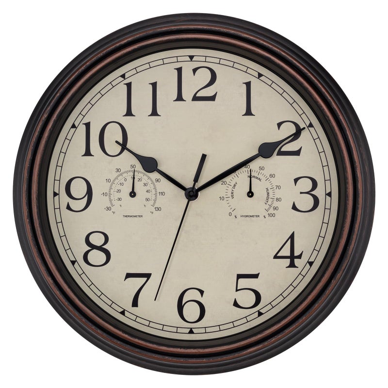 Foxtop Indoor Outdoor Waterproof Wall Clock with Thermometer and Hygrometer Combo, 14 Inch Retro Silent Non-Ticking Battery Operated Quartz Round Outdoor Clocks for Patio Home Office (Bronze) - Image 1