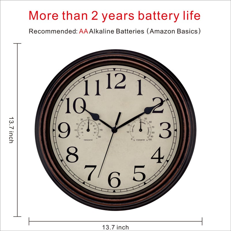 Foxtop Indoor Outdoor Waterproof Wall Clock with Thermometer and Hygrometer Combo, 14 Inch Retro Silent Non-Ticking Battery Operated Quartz Round Outdoor Clocks for Patio Home Office (Bronze) - Image 2