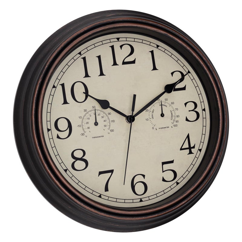 Foxtop Indoor Outdoor Waterproof Wall Clock with Thermometer and Hygrometer Combo, 14 Inch Retro Silent Non-Ticking Battery Operated Quartz Round Outdoor Clocks for Patio Home Office (Bronze) - Image 5