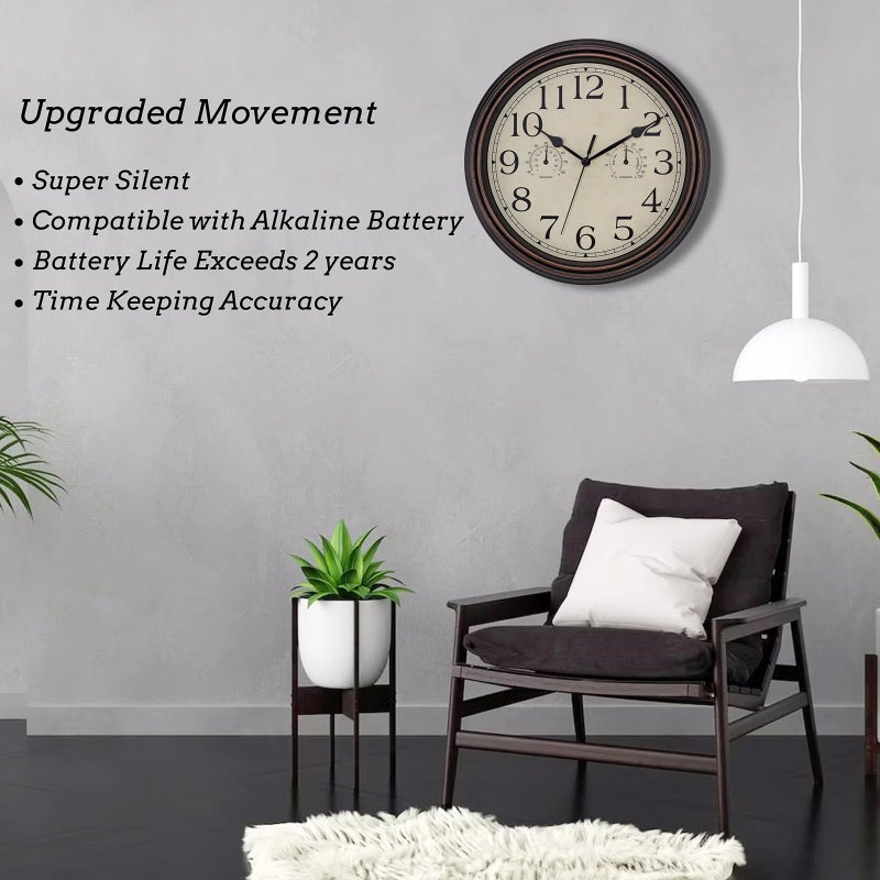 Foxtop Indoor Outdoor Waterproof Wall Clock with Thermometer and Hygrometer Combo, 14 Inch Retro Silent Non-Ticking Battery Operated Quartz Round Outdoor Clocks for Patio Home Office (Bronze) - Image 3