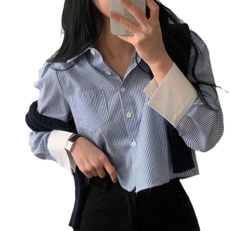 Korean Elegant Striped Stitching Short Shirt Womens 2024 Spring New Design Sense Niche Loose All-match Top blue stripe - Image 5