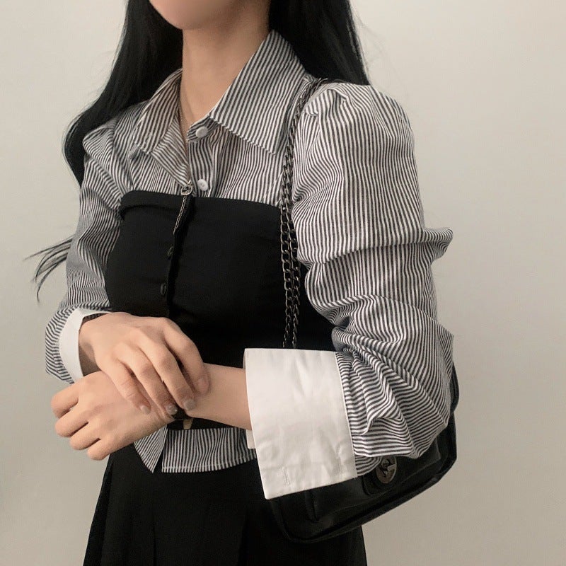 Korean Elegant Striped Stitching Short Shirt Womens 2024 Spring New Design Sense Niche Loose All-match Top blue stripe - Image 2