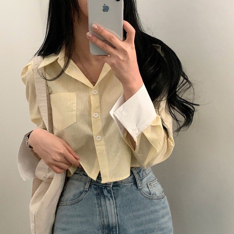 Korean Elegant Striped Stitching Short Shirt Womens 2024 Spring New Design Sense Niche Loose All-match Top blue stripe - Image 4