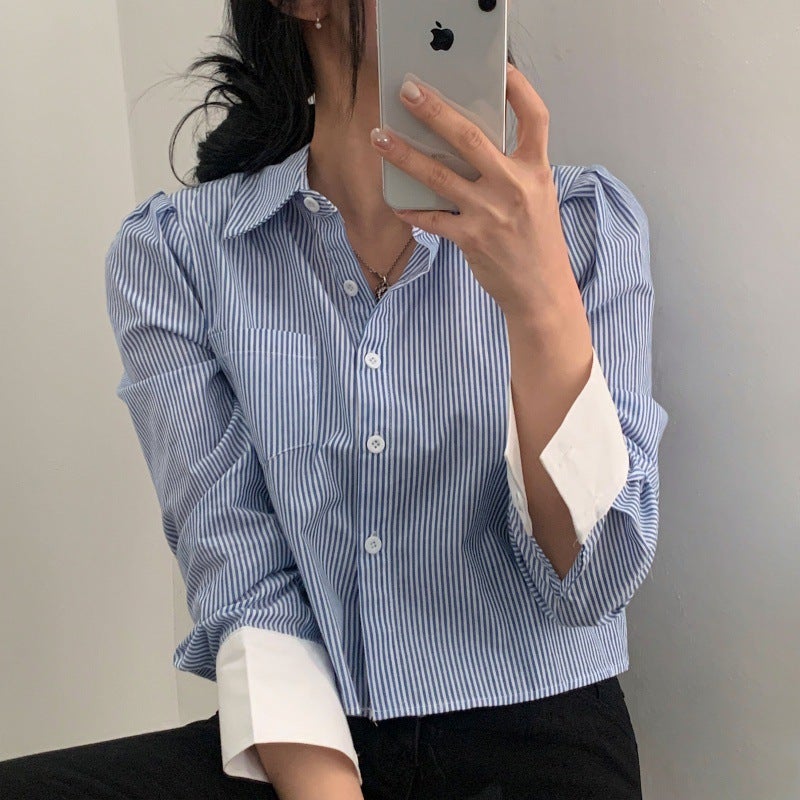 Korean Elegant Striped Stitching Short Shirt Womens 2024 Spring New Design Sense Niche Loose All-match Top blue stripe - Image 1