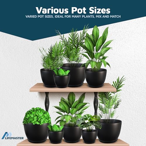 Lifemaster Plant Pots with Multi Drainage Holes - 5 Pieces Versatile, Sturdy Plastic, Stackable Design Home Decor Flower Pots for Indoor and Outdoor Gardening - Black - Image 4