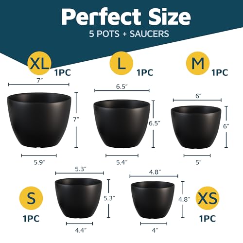 Lifemaster Plant Pots with Multi Drainage Holes - 5 Pieces Versatile, Sturdy Plastic, Stackable Design Home Decor Flower Pots for Indoor and Outdoor Gardening - Black - Image 2