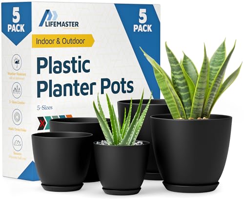 Lifemaster Plant Pots with Multi Drainage Holes - 5 Pieces Versatile, Sturdy Plastic, Stackable Design Home Decor Flower Pots for Indoor and Outdoor Gardening - Black - Image 1