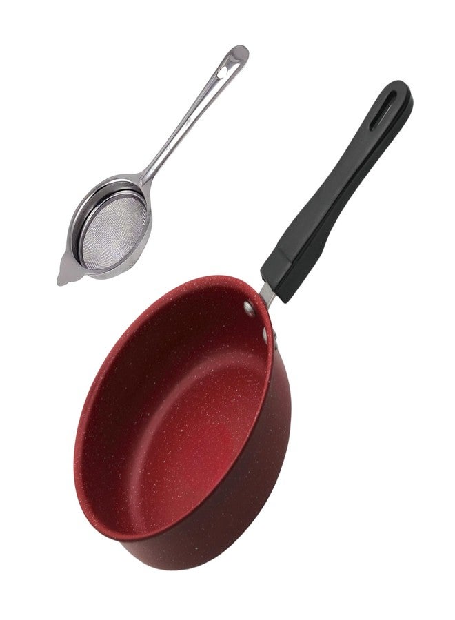 Nonstick Baby Sauce Pan/Frying Pan 17cm Dia & Tea Strainer, Maroon Base, Pack of 1, Durable & Easy-to-Clean - Image 1