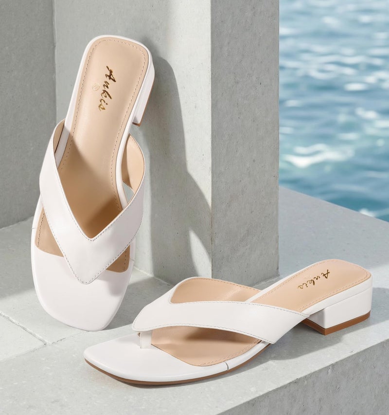 Ankis Black White Heels for Women Square Open Toe Sandals Flip Flop Thong Low Heels 1 Inch Heeled Sandals for Women - Image 3