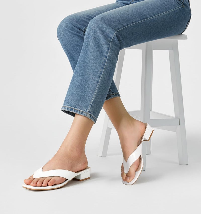 Ankis Black White Heels for Women Square Open Toe Sandals Flip Flop Thong Low Heels 1 Inch Heeled Sandals for Women - Image 2