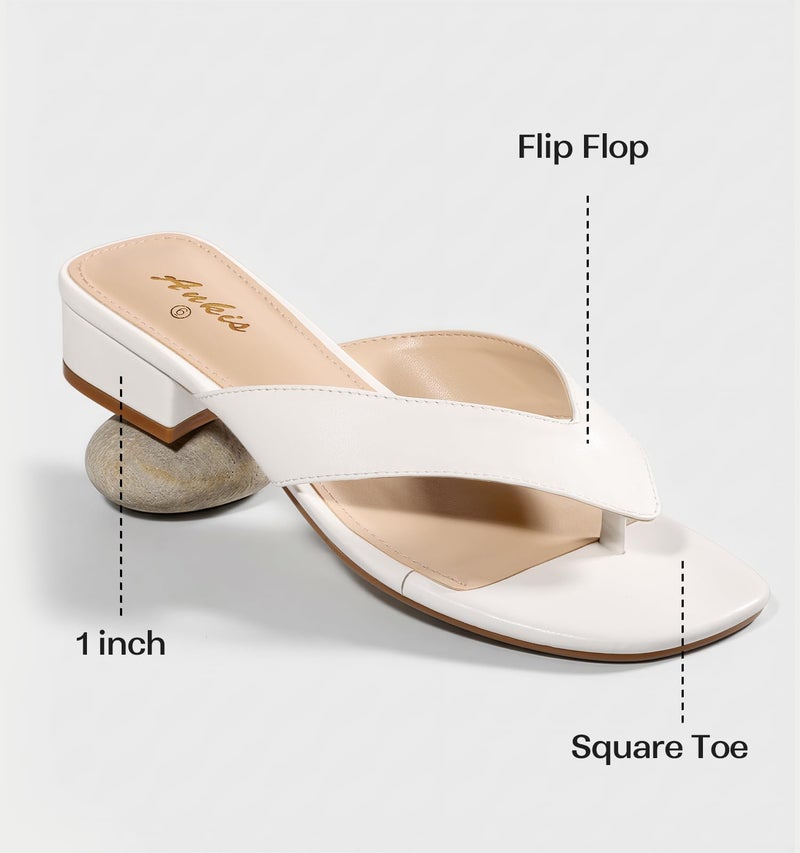 Ankis Black White Heels for Women Square Open Toe Sandals Flip Flop Thong Low Heels 1 Inch Heeled Sandals for Women - Image 4