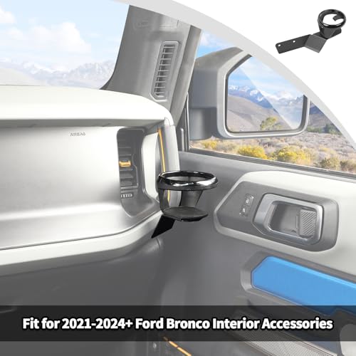 JWWY for Bronco Front Door Cup Holder Drink Holder on Driver's Right Side Beverage Rack for 2021-2025+ Ford Bronco Interior Accessories Alloy Black - Image 3